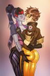 2girls absurdres ass ass_grab bodysuit breasts cleavage eye_contact highres jacket looking_at_another multiple_girls overwatch reptileye tracer_(overwatch) widowmaker_(overwatch) yuri 