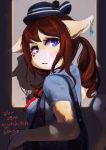  1girl artist_request blue_eyes breasts brown_hair copyright_request dog female furry hat ponytail solo upper_body 