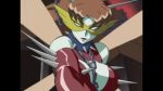  1girl 90s animated animated_gif attack brown_hair chains dominatrix domino_mask fire flying green_skin hornet_girl insect_girl lipstick makeup mask pillnus pupiless_eyes red_lips solo wings yuusha_ou_gaogaigar yuusha_series 