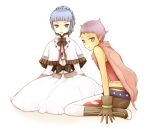 2girls ange_serena belt blue_hair boots brown_eyes cape capelet dress frills hermana_larmo jewelry midriff multiple_girls pantyhose pink_hair ponytail ribbon short_hair shorts tales_of_(series) tales_of_innocence thigh-highs violet_eyes 