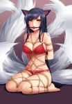  1girl ahri animal_ears ball_gag bdsm black_hair bondage bound bra breasts cleavage collarbone facepaint female fox_ears fox_tail gag gagged gradient gradient_background large_breasts league_of_legends lingerie long_hair looking_at_viewer midriff multiple_tails navel panties red_background red_bra red_panties sitting solo spichis tail underwear underwear_only very_long_hair yellow_eyes 