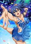  00s 1girl armpits ass bashoku_youjou blue_hair blue_skirt blush breasts cleavage curvy female hair_ornament hair_ribbon ikkitousen indoors large_breasts looking_at_viewer official_art open_mouth orange_ribbon ribbon see-through shiny shiny_skin short_twintails sideboob skirt smile solo twintails violet_eyes 