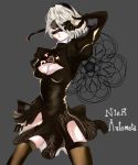  1girl black_dress blindfold breasts cleavage cleavage_cutout dress nier nier_automata silver_hair solo thigh-highs tonbo_(saunt) yorha_no.2_type_b 