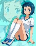  1boy blue_eyes blue_hair blush bulge gundam gundam_build_fighters gym_uniform iori_sei jumper male_focus shirt short_hair sitting solo sweat t-shirt torajimaneko 