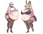  2girls axel-rosered belly_grab blonde_hair breasts cleavage high_heels huge_breasts looking_at_viewer multiple_girls nitroplus obese pink_eyes pink_hair red_eyes super_pochaco super_sonico thick_thighs twintails 