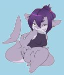  1girl breasts copyright_request female flat_color full_body furry grin powderkona purple_hair shark simple_background smile solo swimsuit yellow_eyes 
