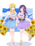  2girls :d ? ^_^ alice_in_wonderland animal_ears apron ayase_eli bangs blonde_hair blue_dress blush boots bow bowtie clock closed_eyes corset dress drooling fake_animal_ears green_eyes hair_bow hand_holding height_difference high_heels lace leaning_forward long_hair looking_at_another love_live!_school_idol_project mary_janes multiple_girls neck_ribbon open_mouth pink_bow pointing ponytail puffy_short_sleeves puffy_sleeves purple_hair rabbit_ears red_bow red_ribbon ribbon saliva satsuma_age shoes short_sleeves shorts simple_background smile speech_bubble standing striped striped_legwear swept_bangs text thigh-highs toujou_nozomi twintails twitter_username very_long_hair white_background wrist_cuffs yuri 