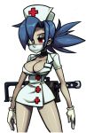  1girl blue_hair breasts face_mask female hat legs mask nurse nurse_cap red_eyes skullgirls surgical_mask valentine_(skullgirls) 