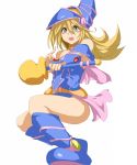  1girl bare_legs bare_shoulders blonde_hair boots breasts choker cleavage dark_magician_girl duel_monster green_eyes hashimoto_(frog_flag) long_hair simple_background wand wizard_hat yu-gi-oh! 