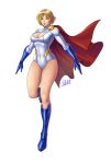  1girl artist_request belt blonde_hair blue_eyes blue_gloves blue_shoes boots breasts cape cleavage cleavage_cutout dc_comics flying full_body gloves kryptonian leotard looking_at_viewer power_girl red_cape short_hair simple_background 