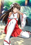  00s 1girl brown_eyes brown_hair detached_sleeves female hakama_skirt ikkitousen japanese_clothes long_hair looking_at_viewer maid_headdress miko official_art outdoors pleated_skirt red_skirt ribbon sitting skirt smile solo ten&#039;i_(ikkitousen) thigh-highs white_legwear white_ribbon 