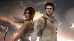  1boy 1girl bow_(weapon) brown_eyes brown_hair crossover dirty epic jewelry lara_croft long_hair nathan_drake naughty_dog necklace rain realistic scar scarf short_hair sky tank_top tomb_raider uncharted weapon 