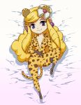  1girl animal_ears cheetah curly_hair daga dakimakura earrings gradient gradient_background jewelry long_hair lying on_back on_bed princess_styla simple_background smile solo spread_legs tagme the_legend_of_zelda the_legend_of_zelda:_tri_force_heroes 