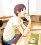  1girl blue_eyes chair cup desk eating food hamburger looking_at_viewer open_mouth original purple_hair restaurant short_hair solo solvalou wrapper 