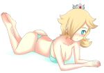  1girl artist_request barefoot bikini blonde_hair blue_eyes breasts cleavage earrings jewelry looking_at_viewer lying on_stomach rosetta_(mario) solo super_mario_bros. swimsuit 