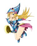  1girl bare_legs blonde_hair boots breasts cleavage dark_magician_girl green_eyes harumaki_(makey01) hat legs shiny shiny_skin simple_background skirt smile solo staff wink wizard_hat yu-gi-oh! 