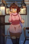  1girl artist_request blue_eyes brown_hair copyright_request dog dress female furry indoors short_hair solo sweater thigh-highs 