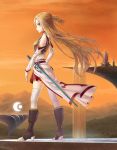  1girl armor asuna_(sao) bare_shoulders boots brown_eyes brown_hair full_body gradient gradient_background highres long_hair looking_at_viewer mountain sky solo standing sword sword_art_online tree weapon 