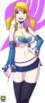  1girl blonde_hair breasts brown_eyes cleavage detached_sleeves fairy_tail female key kyoffie large_breasts lucy_heartfilia midriff simple_background smile solo thigh-highs twintails 