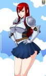  1girl armor breasts clouds erza_scarlet fairy_tail female hands_on_hips kyoffie large_breasts long_hair red_eyes redhead skirt smile solo 
