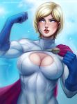  1girl blonde_hair blue_eyes blush breasts cleavage cleavage_cutout dc_comics female gloves kryptonian large_breasts lips lipstick looking_at_viewer open_mouth power_girl red_lipstick short_hair solo superman_(series) 
