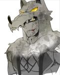  1boy beowulf_(skullgirls) licking_lips male_focus monochrome pelt skullgirls solo spot_color stubble suspenders tongue tongue_out vandyke_brown yellow_eyes 