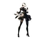  1girl absurdres black_dress blindfold boots breasts cleavage cleavage_cutout dress full_body hairband high_heel_boots high_heels highres nier nier_automata official_art puffy_sleeves silver_hair square_enix thigh-highs thigh_boots yorha_no.2_type_b yoshida_akihiko 