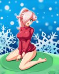  1girl blue_eyes blush breasts full_body long_hair looking_at_viewer open_mouth pink_hair ponytail rosetta_(mario) sigurd_hosenfeld sitting smile solo super_mario_bros. sweater 