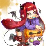  1girl candy costume domino_mask halloween horns inkling jack-o&#039;-lantern lollipop mask nintendo pumpkin red_eyes redhead splatoon succubus tagme tail teeth tentacle_hair wings 