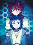  2boys blue_eyes blue_hair blush gundam gundam_build_fighters hug iori_sei male_focus multiple_boys redhead reiji_(gundam_bf) smile torajimaneko yellow_eyes 