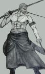  1boy male_focus monochrome multiple_swords one_piece roronoa_zoro sandai_kitetsu shusui solo sword topless wado_ichimonji weapon 