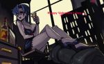  1girl blue_hair breasts city dress female legs night red_eyes skullgirls valentine_(skullgirls) 