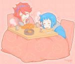  2boys blue_eyes blue_hair blush drinks fruit gundam gundam_build_fighters iori_sei kotatsu male_focus multiple_boys orange redhead reiji_(gundam_bf) sitting steam table tea torajimaneko yellow_eyes 