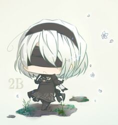  1girl artist_request black_dress blindfold chibi dress nier nier_automata silver_hair solo yorha_no.2_type_b 