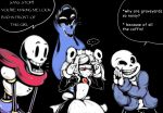  1girl 2boys apron bloody_marie_(skullgirls) brothers coat crossover hair_ornament hood hoodie kirbsuperstardude maid maid_apron multiple_boys papyrus_(undertale) sans short_hair siblings skeleton skull_hair_ornament skull_heart skullgirls text tied_hair twintails undertale 