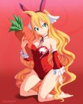  1girl animal_ears bare_shoulders barefoot blonde_hair breasts bunnysuit carrot detached_sleeves fairy_tail female gaston18 green_eyes kneeling leotard long_hair lowres mavis_vermilion rabbit_ears simple_background smile solo very_long_hair 