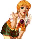  1girl blonde_hair brooch green_eyes happy jewelry king_of_fighters leaning_forward m.u.g.e.n miniskirt mouki one_eye_closed open_mouth pixel_art plaid plaid_skirt school_uniform shinzaki_maria short_hair simple_background skirt smile solo the_king_of_fighters_2003 thumbs_up white_background wink 