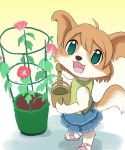  1girl artist_request brown_hair copyright_request dog female flower furry gradient gradient_background green_eyes looking_at_viewer open_mouth plant skirt solo white_background 