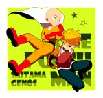  2boys bald black_sclera blonde_hair boots brown_eyes cape copyright_name cyborg genos gloves male_focus mamoko multiple_boys one-punch_man saitama_(one-punch_man) yellow_eyes zipper 