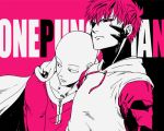  2boys bald black_sclera cape cyborg genos hood hoodie jumper male_focus multiple_boys one-punch_man saitama_(one-punch_man) zattsu69 zattsu_(morte) 