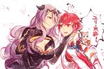  3girls armor between_breasts blue_eyes blush breasts camilla_(fire_emblem_if) capelet character_request cleavage dress fire_emblem fire_emblem_if gloves hair_ornament hair_over_one_eye hammer hinoka_(fire_emblem_if) long_hair multiple_girls open_mouth purple_hair red_eyes redhead short_hair silver_hair violet_eyes yuri 
