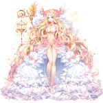  1girl 2017 absurdly_long_hair angel angel_wings artist_name blonde_hair blue_eyes blush borrowed_character breasts butterfly character_request cleavage collarbone commentary copyright_request eyebrows_visible_through_hair facial_mark floral_print flower forehead_mark full_body gem hair_flower hair_ornament head_wings hieihirai holding holding_staff lace large_breasts long_hair long_legs long_skirt looking_at_viewer navel original parted_lips petals pink_rose revealing_clothes rose rose_petals rose_print shoes showgirl_skirt simple_background skirt smile solo staff standing thigh_gap very_long_hair wavy_hair white_background white_shoes white_skirt white_wings winged_shoes wings wristband 