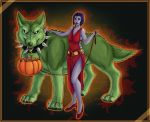  1boy 1girl beast_boy_(dc) candy collar dc_comics dress halloween high_heels leash nekomira pumpkin raven_(dc) sweets teen_titans wolf 