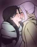  1boy 1girl arslan arslan_senki black_hair blue_eyes blush cloak earrings falangies green_eyes jewelry kiss long_hair open_mouth ponytail purple_hair tongue trap 