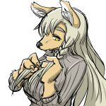  1girl artist_request breasts copyright_request dog female furry long_hair simple_background solo sweater upper_body white_background white_hair yellow_eyes 