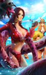  4girls amazon aphelandra bikini black_hair blonde_hair blue_eyes boa_hancock breasts earrings giantess heart highres hime_cut huge_breasts jewelry lipstick long_hair makeup marguerite midriff multiple_girls navel one_piece open_mouth panties salome_(one_piece) sharp_teeth single_thighhigh skull sky snake swimsuit teeth thigh-highs tongue underwear wet 