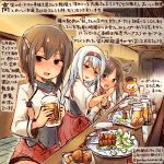  3girls alcohol beer blush breastplate brown_eyes brown_hair chopsticks commentary_request dated dress_shirt drunk food hairband hiyou_(kantai_collection) kantai_collection kirisawa_juuzou long_hair long_sleeves multiple_girls nontraditional_miko pleated_skirt red_skirt shirt short_hair shoukaku_(kantai_collection) skirt taihou_(kantai_collection) traditional_media translation_request twitter_username white_hair 