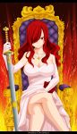  1girl breasts cleavage elbow_gloves erza_scarlet fairy_tail female gloves large_breasts long_hair looking_at_viewer redhead smile solo sword white_dress 