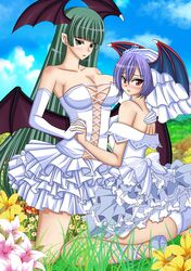  2girls ass breasts cleavage dress green_hair large_breasts lilith_aensland long_hair morrigan_aensland multiple_girls panties purple_hair seraphina underwear vampire_(game) wedding_dress yuri 