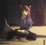  1girl animal_ears animated animated_gif barefoot bed bowl brown_hair closed_eyes eating fang food holo long_hair lowres open_mouth sitting spice_and_wolf tail wolf_ears wolf_tail 